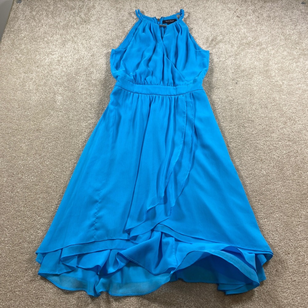 White House Black Market Halter Dress Womens 2 Blue High Low Ruffle Chiffon